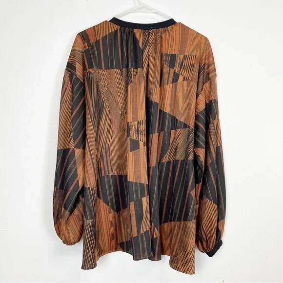 Zara Basic Blouse Womens Size Small Oversized Black Brown Pattern Neck Tie Bow - Picture 3 of 11